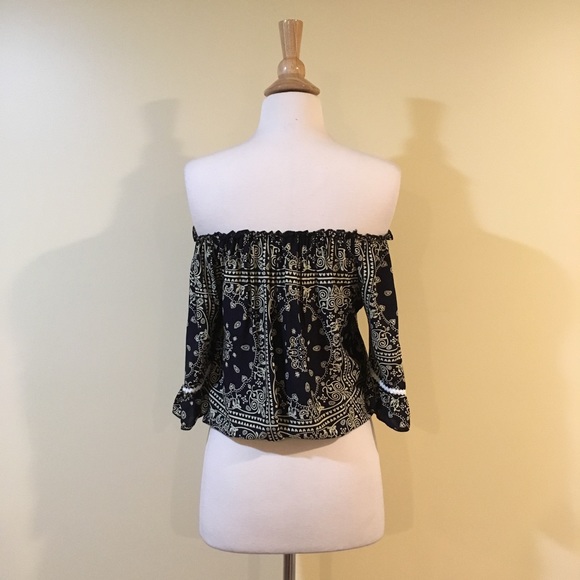 Off Shoulder Ruffled 3/4 Sleeve Print Blouse Navy - Picture 6 of 7